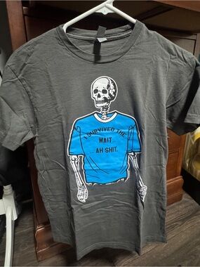 Gray T-Shirt with Bright Blue Skeleton Graphic